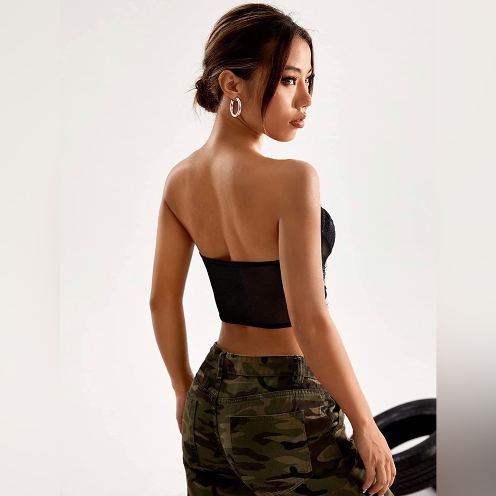 NWT (S) Black Sexy Lace Mesh Satin Corset Bustier Top - Picture 3 of 8